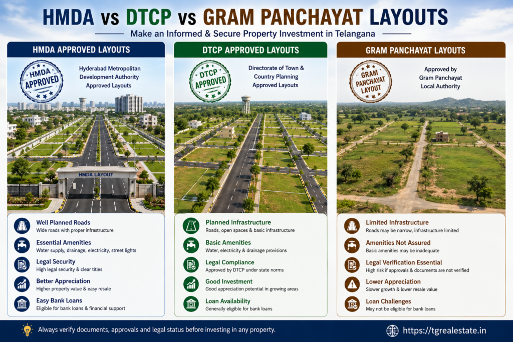 HMDA vs DTCP vs Gram Panchayat layout comparison